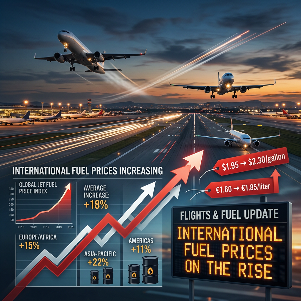multiple flights landing and taking off from an airport in the background shows that few international fuel prices are increasing.